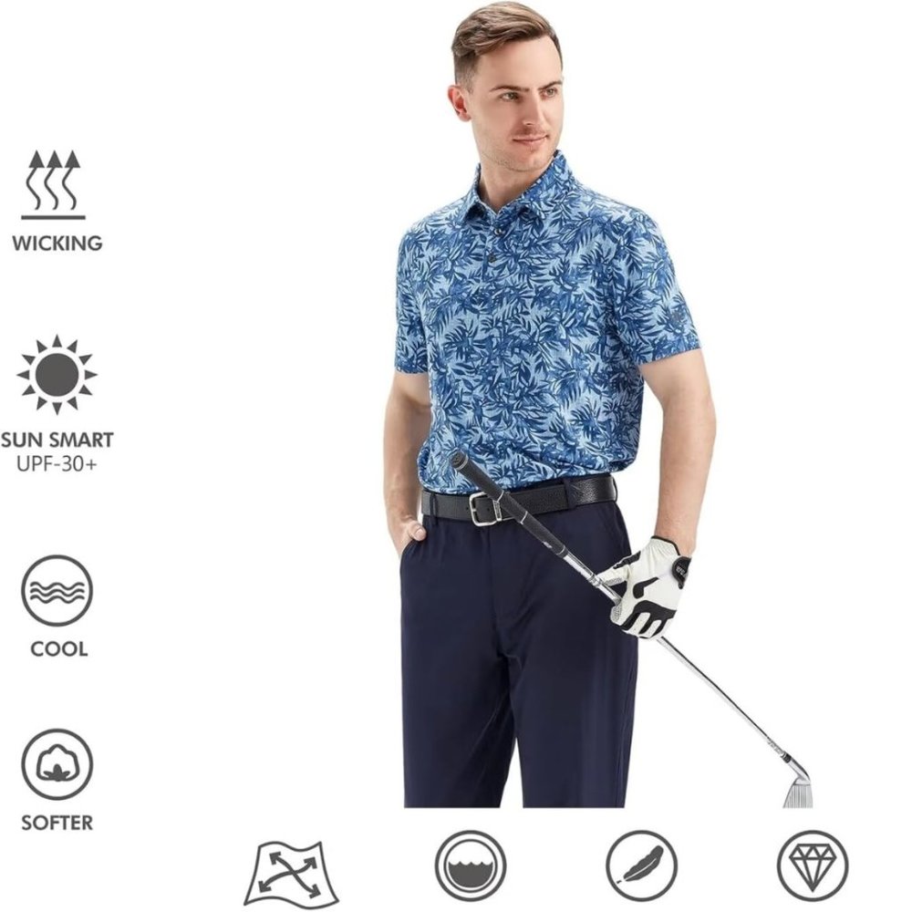SALE! Golf polo shirt short sleeve performance dry fit by M Maereg XL Blue Leaf